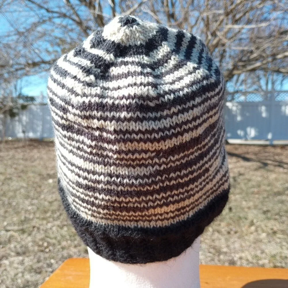 Mens Alpaca Wool Beanie Skully Hand Knit Hat Light Thin Faux Fair Isle Striped - Picture 5 of 9